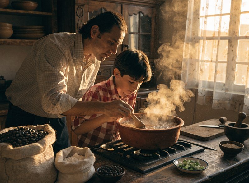 A father teaching his son to cook in a rustic Mexican kitchen