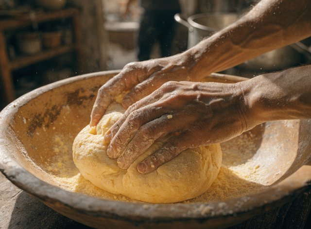 Hands kneading masa